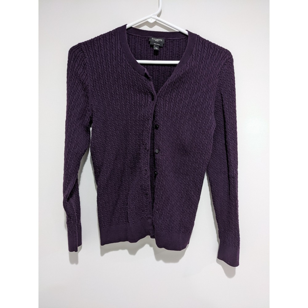 Purple Talbots Cabled Knit Cardigan Size Medium Petite